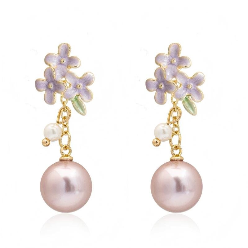 Elegant Brass Color Enamel Pearl Stud Earrings For Women Daily Wear