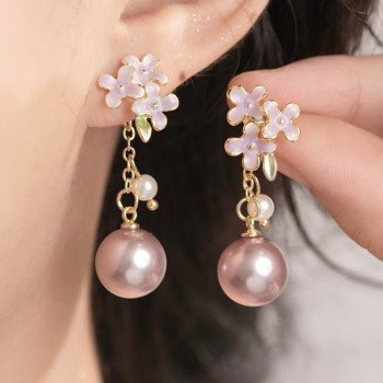Elegant Brass Color Enamel Pearl Stud Earrings For Women Daily Wear